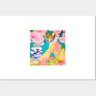 Sassy cheetah in yellow pajamas, ginger jar, cherry blossom Posters and Art